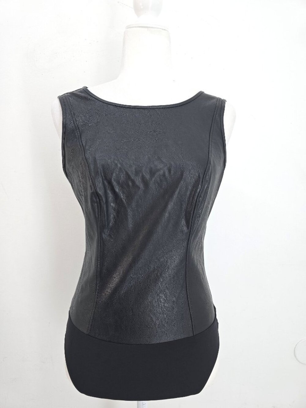 NWT INC International Concepts Black Faux Leather Rayon Spandex Bodysuit Women M